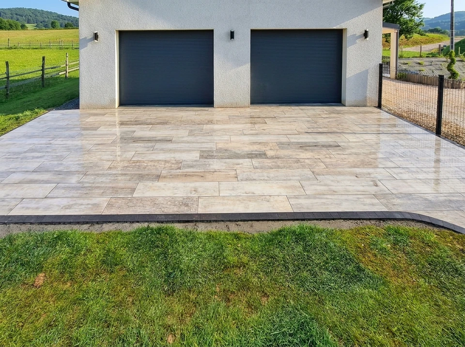 Allée de garage extérieure entièrement pavée de dalles en grès cérame rectifié, finition polie, coloris beige-gris veiné, pose en appareillage décalé