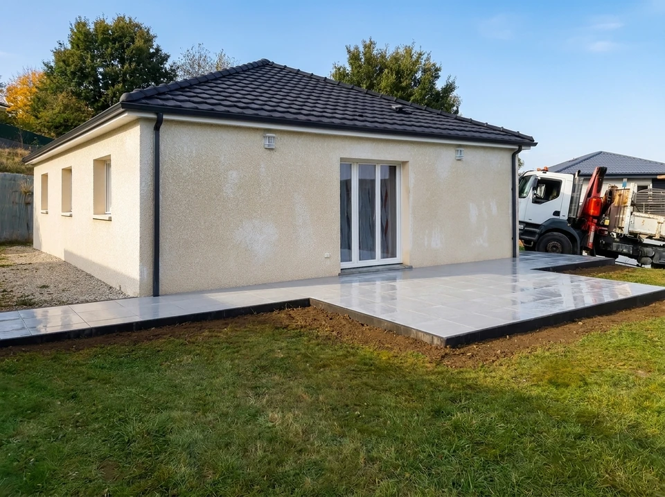 Maison plain-pied neuve, enduit de façade ton sable, toiture à quatre pans en tuiles béton anthracite