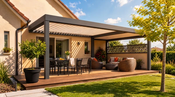 Terrasse extérieure moderne avec pergola en bois à lames orientables, mobilier de jardin contemporain sur dallage beige
