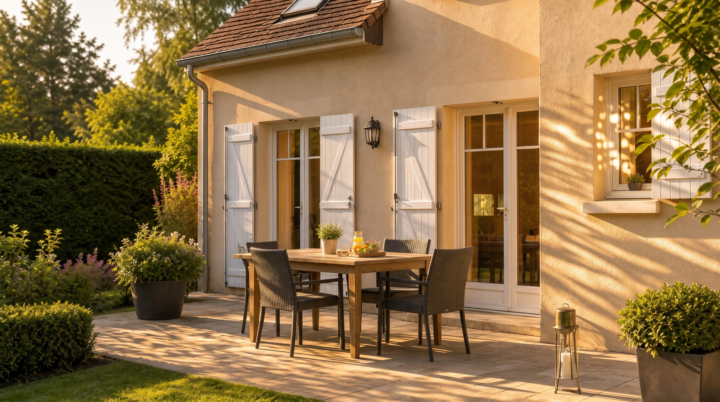 Terrasse extérieure moderne avec piscine rectangulaire à débordement, salon de jardin en rotin tressé marron avec coussins beiges disposé sous pergola bioclimatique à lames orientables blanches