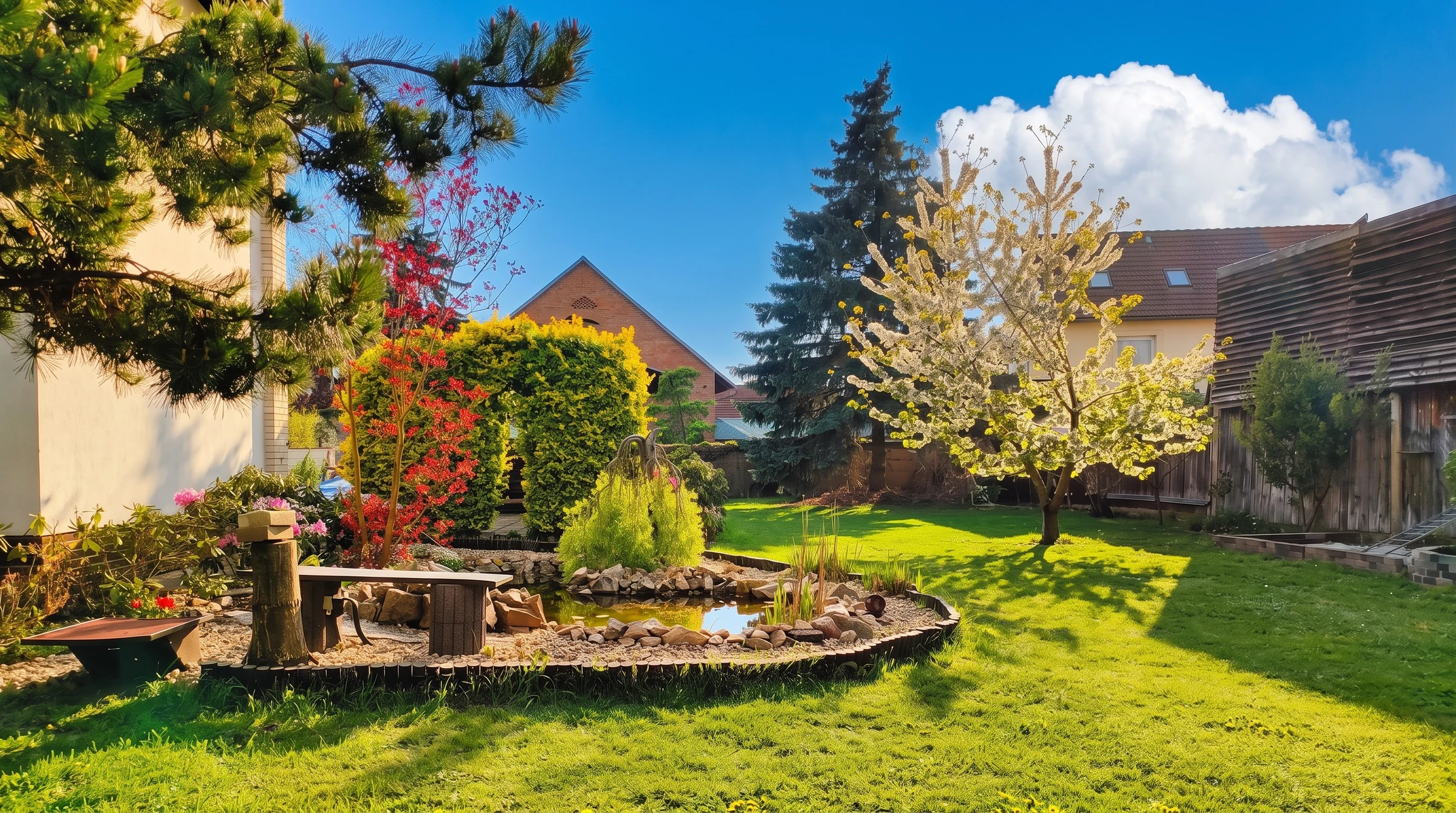 Jardin résidentiel moderne avec pelouse verte bien entretenue, bordures paysagères plantées d'arbustes tropicaux et feuillages denses